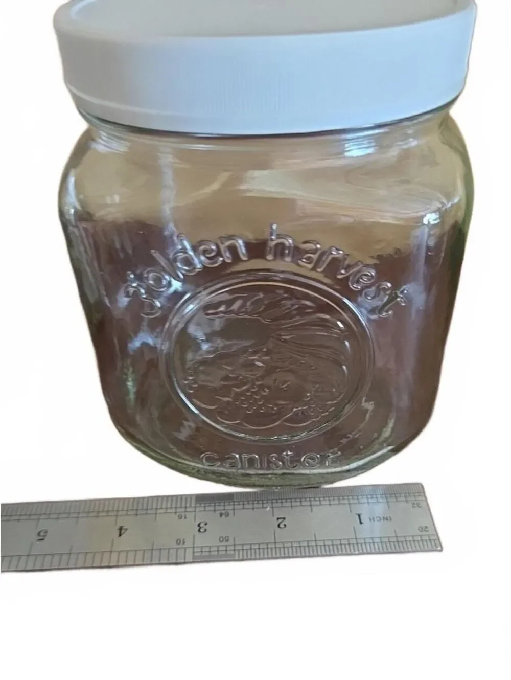 2 Vintage Golden Harvest Glass Canister Jars With White Lids